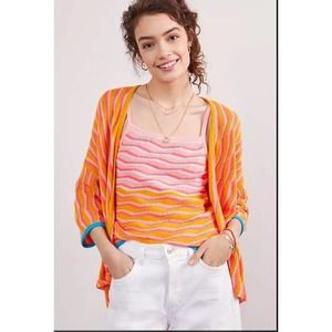 Maeve Womens Open Front Striped Sunrise Sweater Set 3/4 Sleeve Size S Orange